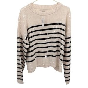 LOFT Women's Size L Sweater Cream Black Stripe Sequin Long Sleeve 100% Cotton
